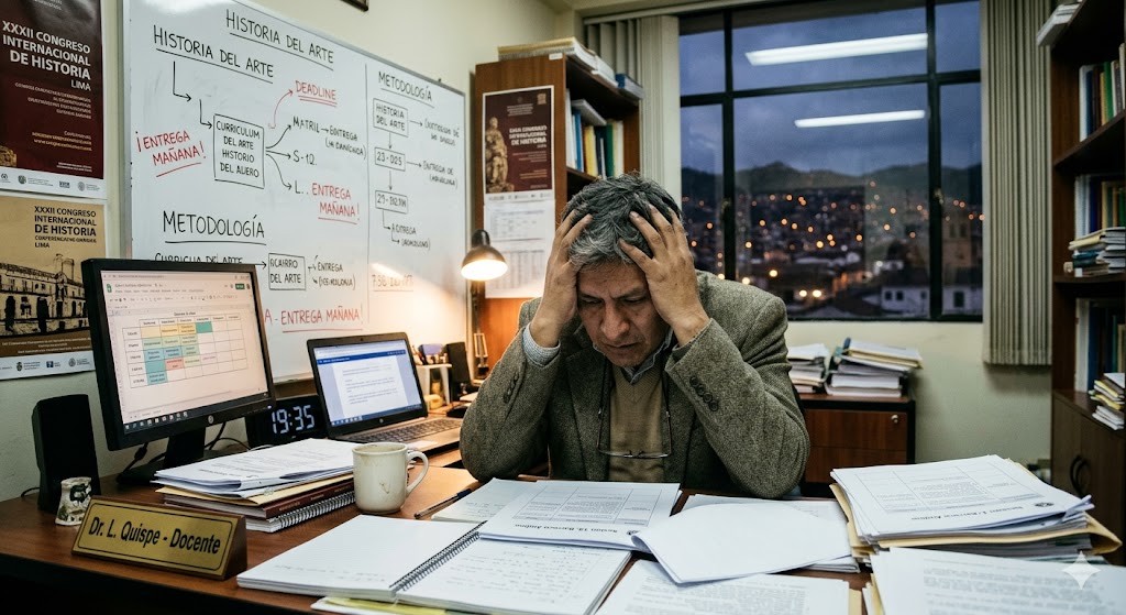 Docente estresado con excesivo papeleo administrativo